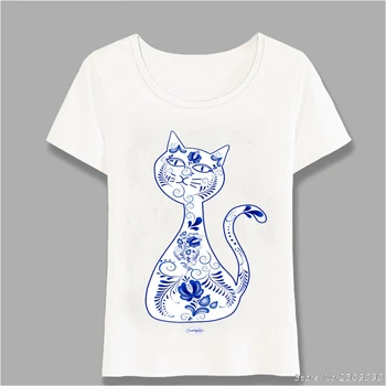 Rusijos Gzhel Stiliaus marškinėliai Mėlynos spalvos Gėlių Raštas Katė Print T-Shirt Moterims, Atsitiktinis Marškinėliai Cute Girl Viršūnes Vasaros Moterų Tee Harajuku