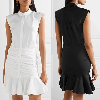 S-XL juoda ir balta aukštos kokybės 2020 naujas mados vientisos spalvos medvilniniai berankoviai plisuotos klubo slidinėti slim moteris suknelė