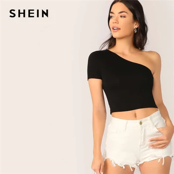 SHEIN Žalia Vieną Petį Slim Įrengtas Kietojo Pasėlių Tee Trumpas Rankovės Marškinėliai Moterims 2020 Metų Vasaros Seksualus Atsitiktinis Pagrindai Viršūnės
