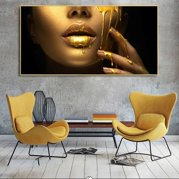 Seksualus Afrikos Moteris, Aukso Mergina Veido Drobės, Paveikslai Ant Sienų, Plakatų Ir Grafikos Aukso Lūpų Sienos Menas Nuotraukos Namų Sienų Dekoras