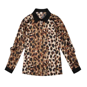 Seksualus Šifono Palaidinės Blusa 2020 Naują Pavasario Leopardas Spausdinti Šifono ilgomis Rankovėmis, žemiausią palaidinė Marškinėliai Moterims Topai 321J
