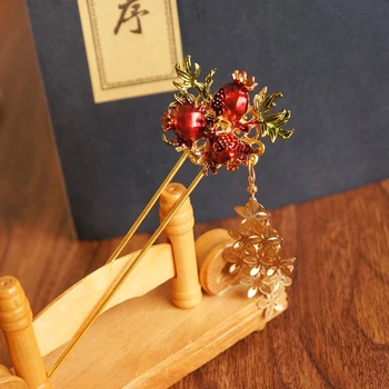 Senovės stiliaus Hanfu Raudonųjų granatų gėlių Ilgai Kutas šukuosena Klasikinio Plaukų Aksesuarai Antikos Staigius Žingsnis purtyti Cosplay