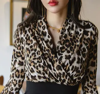 Sexy Moteris Liesas Suknelė ilgomis Rankovėmis Aukštos Juosmens Juodas Leopardas Spliced V-kaklo Pieštuku Desso Lady Biuro Stilius, Plonas Mini Suknelė