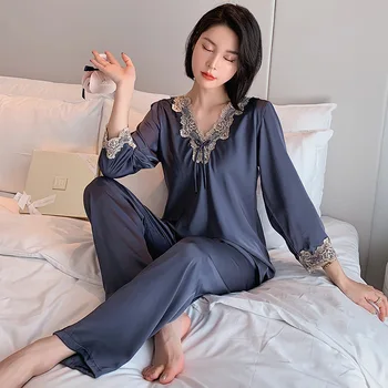 Sexy Nėrinių Kraštais Pižamos Mujer PJ Nustatyti Homewear 2020 M. Moteris Elegantiška Pižama Nustatyti Šilko ilgomis Rankovėmis Pijamas Atsitiktinis Sleepwear