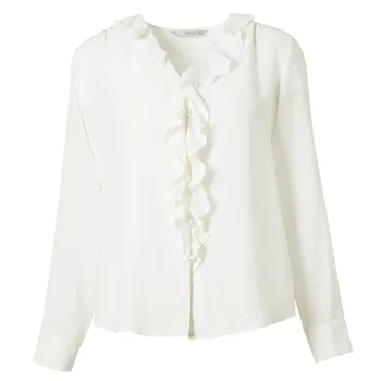 Silviye 2020 m. pavasarį mažas marškinėliai su pynimas temperamentas V-kaklo vientisos spalvos šilko balti marškiniai moterų šilko mados westernized viršų