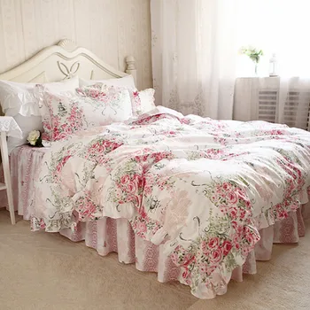 Sodo princesė patalynės komplektas elegantiškas gėlių spausdinti patalynės pynimas antklode padengti aukštos kokybės lova sijonas nėrinių dekoratyvinis patalynę paklode