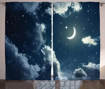 Star Užuolaidos Crescent Moon ir Žvaigždžių Debesuota Žvaigždėtas Nakties Dangus, Mėnesiena Astronomijos Temą, Nuotraukos Kambarį Miegamojo Lango