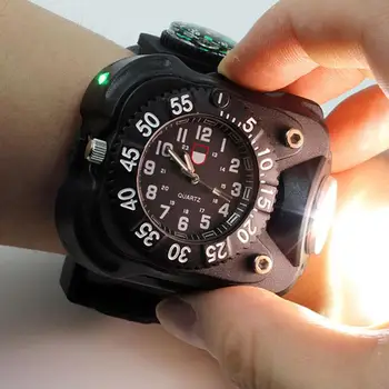 Studyset In1 Super Ryškus LED Watch Žibintuvėlis atsparus Vandeniui Žibintuvėlis, Kompasas Šviesos Lauko Sporto Įkrovimo Mens Riešo Žiūrėti