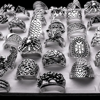 Sumaišykite 20 Vienetų derliaus žiedas didmeninė gotų genčių panele/vyrams raižyti aukščiausios kokybės antiqued sidabro Spalvos žiedai moterims