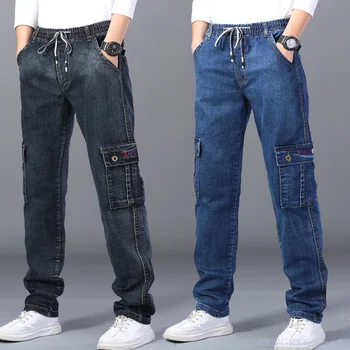 Super loose elastiniai džinsai, vyriški aukšto juosmens tiesus vamzdis negabaritinių kelnės elastingos juosmens laisvalaikio giliai tarpkojo plius nutukimo 150 kg.