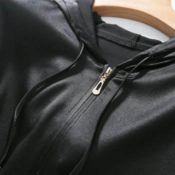 SuyaDream Moterų Šilko Hoodies 92.1%Šilko 7.9%Spandex Kietas Juodos spalvos su Gobtuvu Zip-iki 2020 m. Pavasarį, Rudenį Outwear
