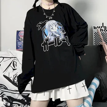 T-shirt Moterims, Rudenį 2021 Nauja Striukė Moteriška korėjos Versija Japonų Komiksų Spausdinti Black Prarasti Studentų ilgomis rankovėmis T-shirt Tendencija