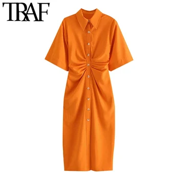 TRAF Moterų Elegantiškos Mados Mygtuką-iki Puoštas Midi Marškinėliai Suknelė Vintage Trumpas Rankovės Pusėje Užtrauktukas Moterų Suknelės, Vestidos