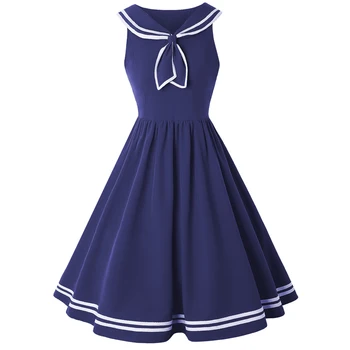 Tamsiai Mėlynas Vintage Preppy Stilius Sailor Apykakle Suknelė Moterims Pin Up Sūpynės Elegantiškas Chalatas, Retro 50s Rockabilly Saldus Mergina Mokykloje Suknelė