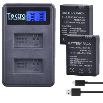 Tectra 2vnt), 3,7 V/1600mAh AHDBT-301 AHDBT 301 Eiti Pro Hero3 Li-ion Baterija + LCD USB Dual Įkroviklio GoPro Hero3 Hero3+ Kamera