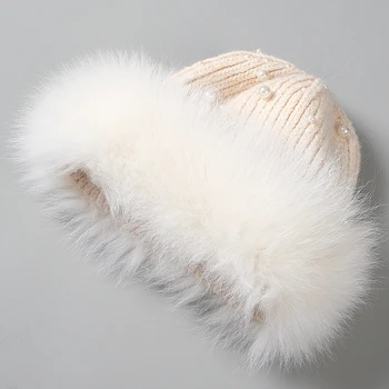 Tikro Kailio Pom Pom Skrybėlės Moterims Megzti Beanies Kepurės Su Pearl moteriškos Žieminės Kepurės Mergaitėms, Naujas fox Plaukų Lady Skrybėlę