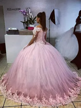 Trumpas Rankovės Šviesiai Rožinė Princesė Quinceanera Suknelės 2020 Brangioji Off Peties Aplikacijos Saldus 16 Suknelė, Korsetas, Kamuolys Suknelė Šalis