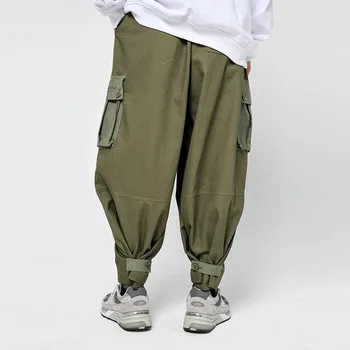 UNCLEDONJM Multi-Kišenės, kombinezonai su Antkrūtiniais Bendras Vyrų Gatvės Mados Hip-hop Kontrastingos Spalvos Prarasti Pločio Kojų Kelnės Japonija Stiliaus LN-PR1