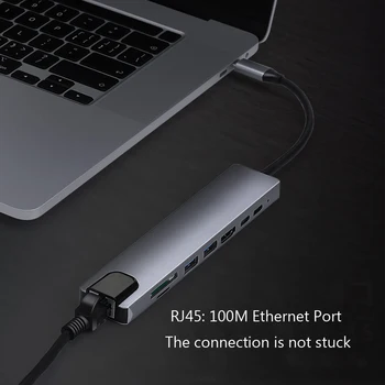 USB-C 8 1 Tipas-C USB 3.0 USB Hub 4K HD Nešiojamas PD Įkrovimo /SD/TF Card Reader/RJ45 Adapteris, skirtas 