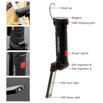 USB Įkrovimo Baterija (akumuliatorius Daugiafunkcinis Lankstymo Darbai, Šviesos, COB LED Kempingas Fakelas Raudona Žibintuvėlis Magnetas pajungti Nešiojamų žibintų