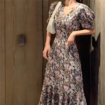 VICONE prancūzų stiliaus atkurti senovės būdų, kaip gauti parodyti, plonas juosmens platycodon grandiflorum šifono gėlių Suknelė