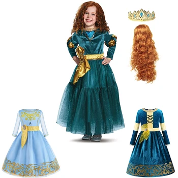 VOGUEON Princesė Merida Cosplay Kostiumų Vaikų Mergaičių Drąsus Merida Suknelės Halloween Kostiumai Vaikams, Cartoon Anime Dress Merida Perukas