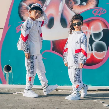 Vaikams Hip Hop Drabužiai Mergaitėms Džiazo Šokio Kostiumai Balta Striukė Jogger Kelnės Kostiumas Hiphop Pramoginiai Šokiai Streetwear SL2388