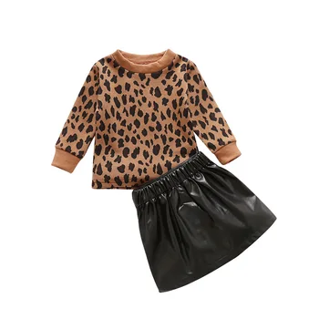 Vaikams, kūdikių mergaitės rudenį visą rankovės leopard viršūnes kailis kietas PU sijonai užtrauktukas vaikiška apranga vaikams, drabužiai rinkiniai 2vnt 12M-5Y