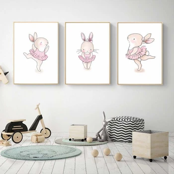 Vaikų Kambario Plakatas Pink Rabbit Vaikų Plakato Baby Girl Kambario Dekoro Sienos Meno Tapybos Drobės Darželio Spaudinių Baleto Miegamojo Nuotrauką