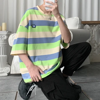 Vaivorykštė Medvilnės Marškinėliai Streetwear Korėjos Stiliaus Harajuku Spalvinga Dryžuotas Marškinėlius Vyrams