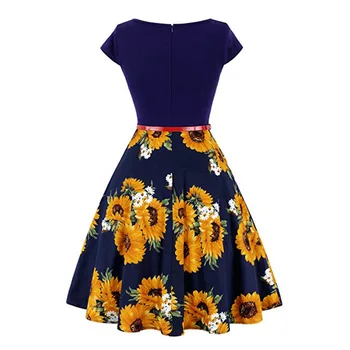 Vasaros 1950 60s Vintage Retro Moterų Suknelė trumpomis Rankovėmis Polka Gėlių Margumynas Šalies Vestido Elegantiška Linija, Mėlynos Suknelės