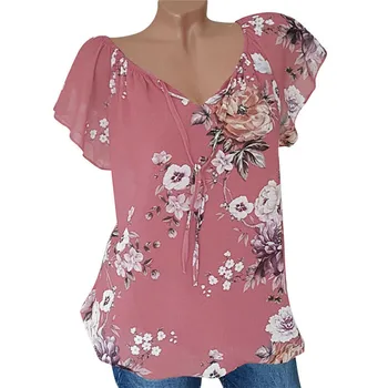Vasaros Moterų Gėlių Spausdinti Marškinėliai Topai Ponios Sexy Nėrinių V Kaklo Prarasti Tee Marškinėliai Trumpas Blyksnius Rankovėmis T-Shirt Plius Dydis M-2XL