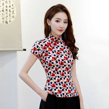 Vasaros Moterų Marškinėliai Topai Vintage stiliaus Kinijos Lady Palaidinė trumpomis Rankovėmis Mygtuką Qipao Mujer Camisa Dydis S M L XL XXL XXXL 9972