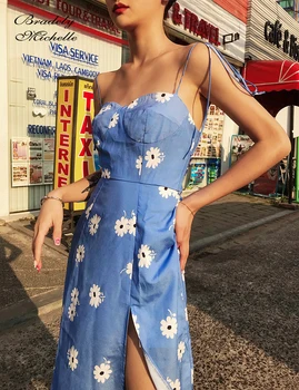 Vasaros Seksualus Streetwear Ilgai Spageti Dirželis Velniop-kaklo Atspausdintas Šifono Suknelės Moterims, Su Reguliuojamu Peties Dirželis