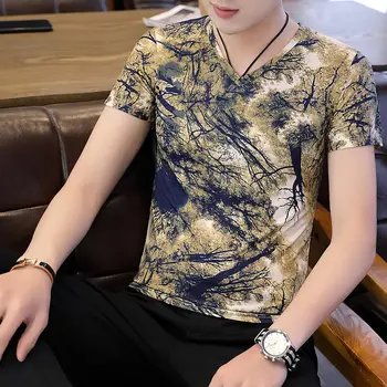 Vasaros korėjos ledo šilko vyriški trumparankoviai marškinėliai su plonas korpusas, v-kaklo, dizaino ir spalvų marškinėliai Plius Dydis M-3XL