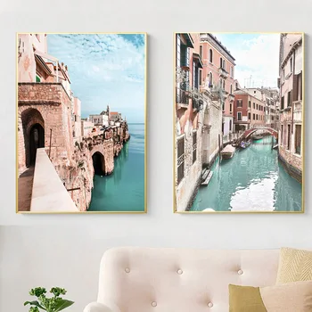 Venecijos Paplūdimys Pilies Tilto Mėlynas Dangus Ežero Laivo Sienos Meno Tapybos Drobės Šiaurės Plakatai Ir Spausdina Sienos Nuotraukas, Už Kambarį