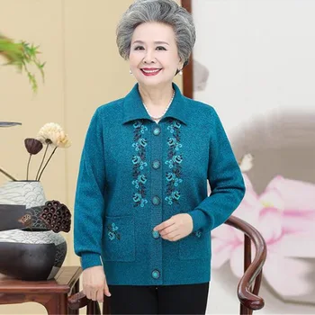 Vidutinio amžiaus moteris rudenį megztiniai atvartas cardigan megztinis kailis spausdinti žmona pavasario rudens drabužių močiutė moterų plius dydžio megztinį
