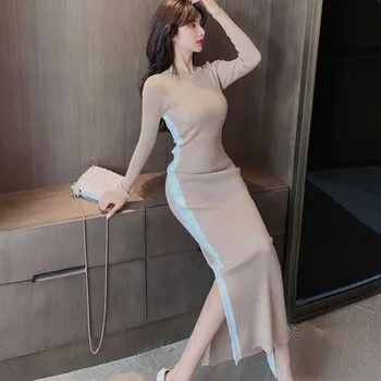 Vientisas Mados Ponios Plonas Megztas Megztinis Suknelė Korėjos Elegantiškas, Seksualus 2020 Dizainerių Suknelės Žiemos Moterys Ilgomis Rankovėmis Suknelė
