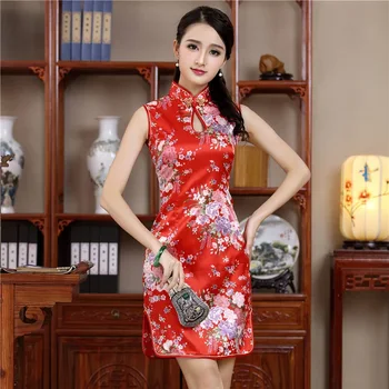 Viskozė Kinijos Moterims, Mini Slim Cheongsam Seksualus Spausdinti Gėlių Vakare Šalis Suknelė Vestidos Mandarinų Apykaklės Derliaus Qipao S-XXL