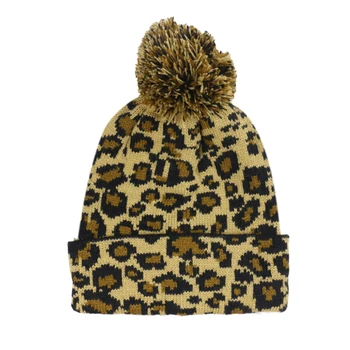 Winfox Žiemos Skrybėlės Moterims Leopard Trikotažo Beanie Skrybėlių pūkų kamuoliuką Šiltas vilnos Kepurė gorros mujer invierno Moterų megzti Moteris Skrybėlės