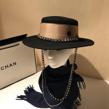 Ximu moterų flat top hat mados asmenybės vilnos Hepburn Stiliaus Didelis Kraštų Hat, Black rudens ir žiemos naujas šiltas top hat