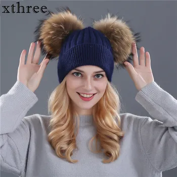 Xthree žiemos skrybėlę moterims, vilna, mezgimo beanies natūralių kailių dvigubai pp pp Skullies merginos skrybėlę feminino