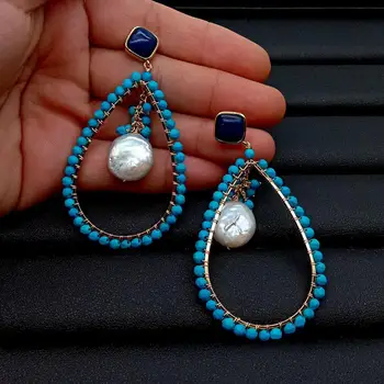 Y·YING Ašaros Mėlyna Turquoises Baltos Monetos Pearl Blue Sodalite Tabaluoti Stud Auskarai etninių stilių moterims
