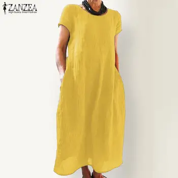 ZANZEA 2021 Elegantiškas Linas Midi Suknelė Moterų Vasaros Sundress derliaus trumpomis Rankovėmis Tunika Vestido Moterų, O Kaklo Plisuotos Skraiste Femme