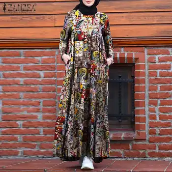 ZANZEA Derliaus Flroal Spausdinti Maxi Ilgas Vestidos Retro Musulmonų Suknelė Moterims Rudenį Sundress Kaftan Skraiste Abaja Turkija Suknelė, Hijab