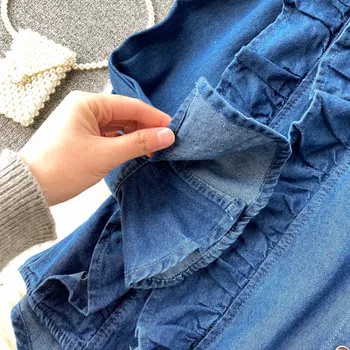 ZCSMLL Retro džinsinio marškinėliai moteriška dizaino prasme nišą saldus medienos ausis slim fit ilgomis rankovėmis palaidinė pavasario