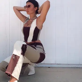 ZITY 2020 m. Moteris Slim Fitneso Vintage Džinsai Vest Mados Kontrasto Spalvų Kratinys Kankina Kutas Bakas Džinsinio Pasėlių Viršų