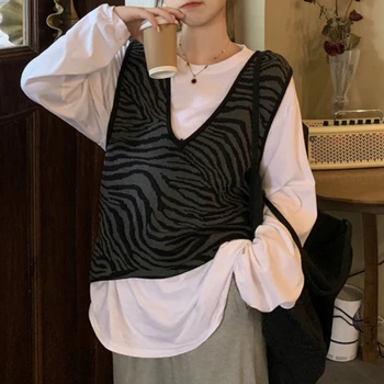 Zebra-Juostele Megztinis Liemenė Moterų Trumpas Stilius Laisvas Rudenį 2021 Naujų korėjos Stiliaus V-kaklo Megztinis be Rankovių