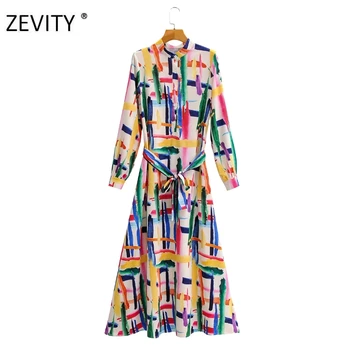 Zevity Moterų derliaus ilgomis rankovėmis spalvingas kaklaraištis dažyti tapybos atsitiktinis marškinėliai suknelė lady lankas susieta varčias, vestidos 