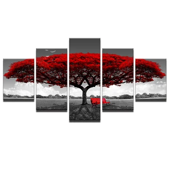 Šiuolaikinės Drobės Rėmo Nuotraukas HD Spaudinių 5 vnt Raudonas Medis Raudona Stendo Kraštovaizdžio Kambarį Namų Dekoro Sienos Meno Tapybos Plakatas